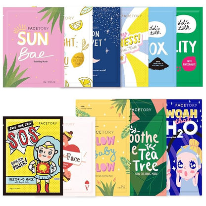 FACETORY K Beauty Face Mask Skin Care - FAVORITE 11 COLLECTION Sheet Mask Set | Natural Premium Korean Face Mask For All Skin Types - No Sulfates No Parabens (11 pc)