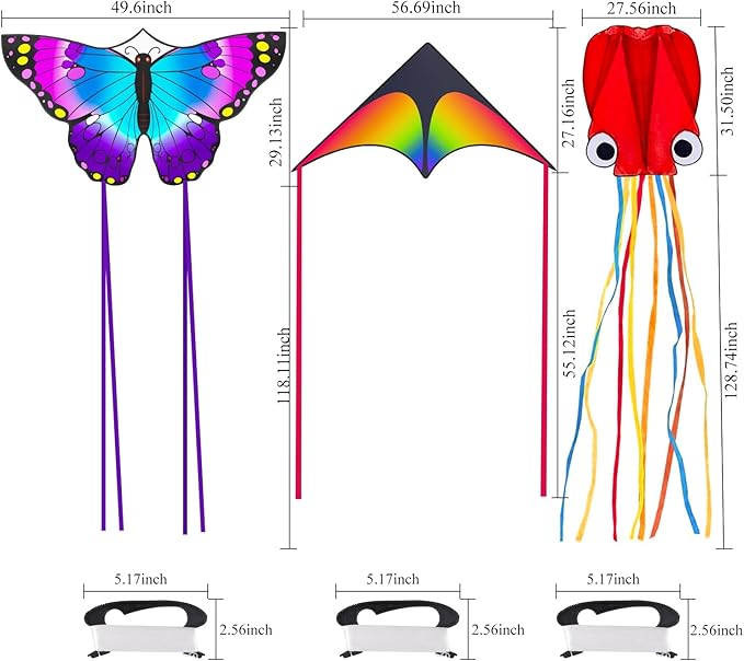 3 Pack Large Kites, Large Butterfly Kite, Colorful Delta and Red Octopus for Girls Boys Ages 4-8, 8-12, Adults