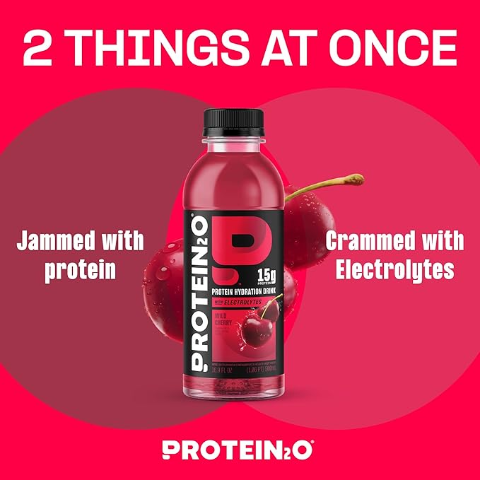 Protein2o Hydration Drink - 2-in-1 Liquid Clear Whey Protein Isolate and Electrolyte Drink - 15g Protein, Vitamins B5, B6 - Post-Workout Recovery - 16.9 Fl Oz - 12 Count Wild Cherry