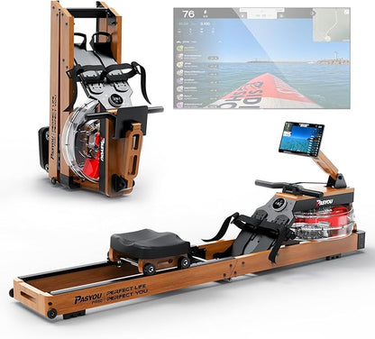 PASYOU Water Rowing Machines for Home Oak Wood Foldable Rower Machine 350LB Weight Capacity, 6 Levels Adjustable Row Machines with Monitor & Device Holder & 14L Tank, Bluetooth with Kinomap APP