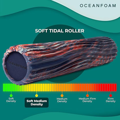 Oceanfoam Soft Tidal Roller (Dark Navy, Red and Natural Marbled) - Low Density Foam Roller for Physical Therapy, Back Pain, Exercise & Stretching - Wave Textured - Yoga, Wellness - Full Size, 20" x 5"