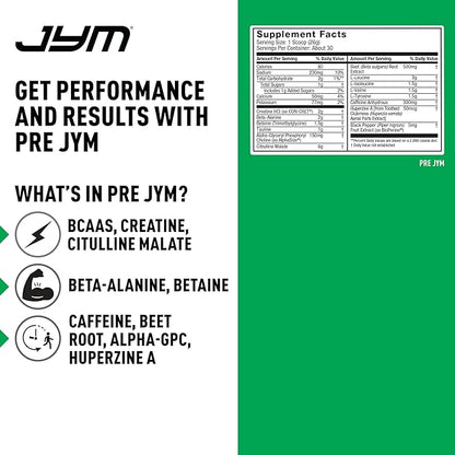JYM Supplement Science Pre JYM Strawberry Kiwi Pre Workout Powder - BCAAs, Nootropics, Creatine HCI, Citrulline, Beta-Alanine, Betaine, Taurine, Huperzine 30 Servings