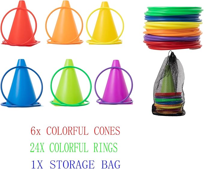 Generic 30 pcs Carnival Games Set Plastic Colorful Cones Ring Toss Combo Set Outdoor Carnival Games for Kids Adults Birthday Party Outdoor Throwing Games
