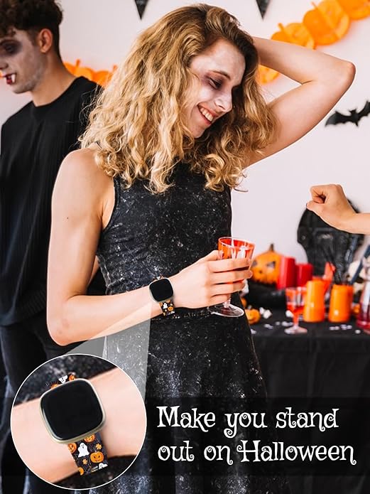 Watbro Halloween Holiday Band Compatible with Fitbit Versa 3 / Sense/Fitbit Versa 4 / Sense 2 Bands for Women Men,Soft Silicone Cute Sport Pumpkin Strap