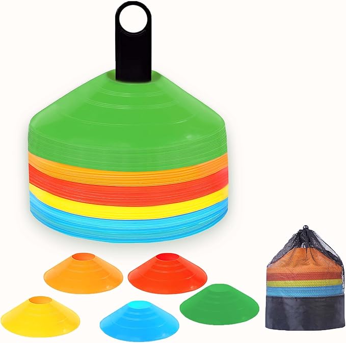 Soccer Cones 100/50/25 Pack with Carry Bag & Holder Five Colors | Agility Disc Cones Set for Training | Sports Practice Equipment for Soccer, Football, Basketball, Coaching & Speed