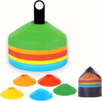 Soccer Cones 100/50/25 Pack with Carry Bag & Holder Five Colors | Agility Disc Cones Set for Training | Sports Practice Equipment for Soccer, Football, Basketball, Coaching & Speed