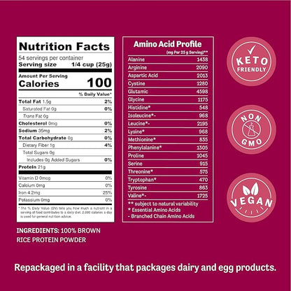 Judee's Brown Rice Protein Powder, (80% Protein) 3 lb - Non-GMO & Sprouted - Keto-Friendly, Dairy, Gluten & Soy-Free Plant-Based Protein