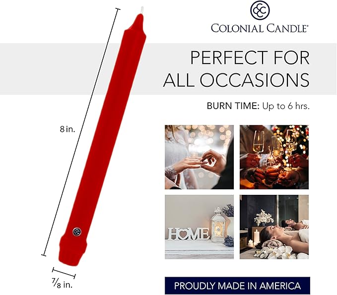 Colonial Candle Unscented Taper Candle, Classic Collection, Red, 8 In, Pack of 12 - Up to 6 Hours Burn