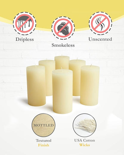 Mottled Pillar Candles by Bask - Set of 6-3" x 6" Dripless Unscented Candles in Ivory for Home Decor, Relaxation & All Occasions