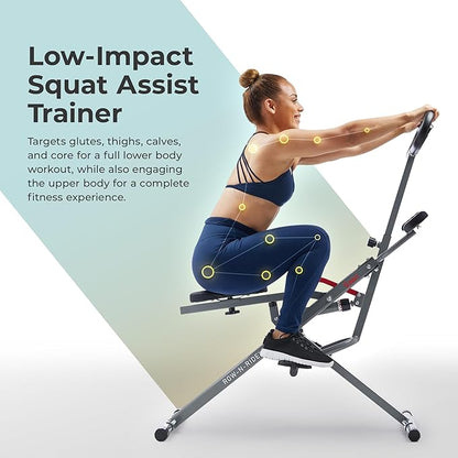 Sunny Health & Fitness Row-N-Ride PRO, Full Body Combo Squat Machine w/Optional Resistance Band, Easy Setup Ab Workout Exercise Equipment for Home, Whole Body Cardio, Optional SunnyFit App Connection