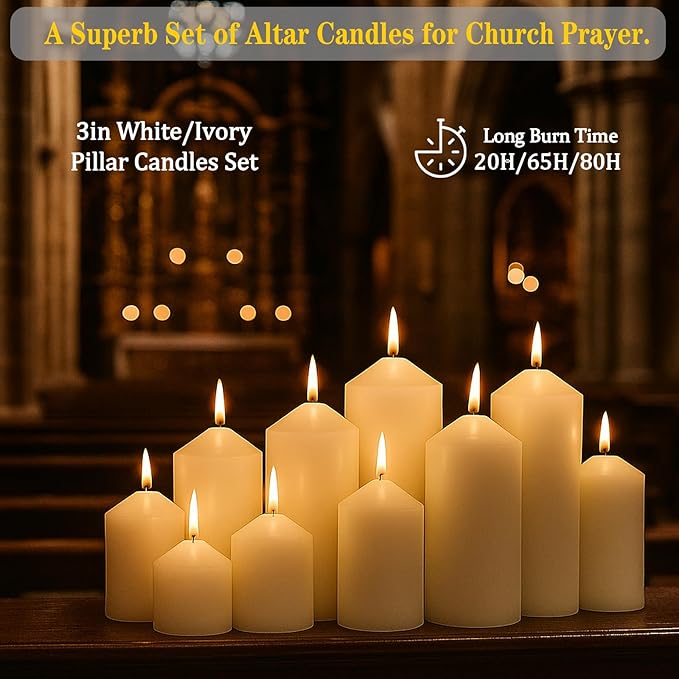 White Pillar Candles Bulk Set of 3,3 Different Lengths 3 x 3/6/8 Inch,Hurricane Candles,Dripless Unscented Smokeless,Gives You a Better Atmosphere When Organizing an Event Party.