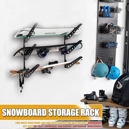 3 Board Snowboard Wall Racks, Adjustable Storage Rack for Ski, Surfboard, Wakeboard, Snowboard Wall Mount Display, Black