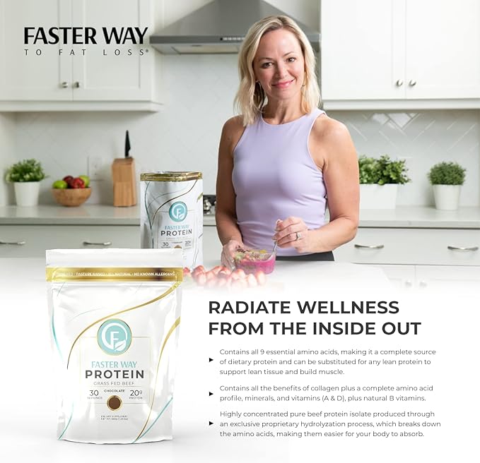 Faster Way - Protein Powder - Hydrolyzed Grass Fed Beef - 20g of Protein Per Serving - Muscle Growth & Recovery - 9 Essential Amino Acids - Sugar, Gluten & Dairy Free - Non-GMO -Chocolate -30 Servings
