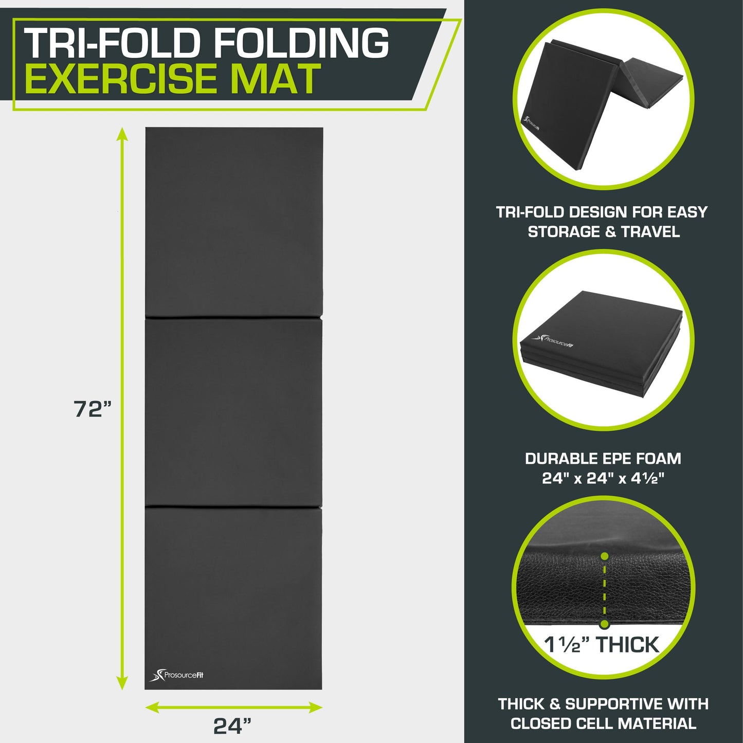 ProsourceFit Tri-Fold Folding Thick Exercise Mat 6’x2’ with Carrying Handles for MMA, Gymnastics