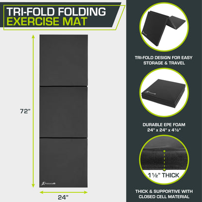 ProsourceFit Tri-Fold Folding Thick Exercise Mat 6’x2’ with Carrying Handles for MMA, Gymnastics