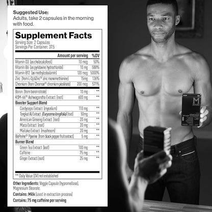 Mdrive Boost and Burn Testosterone Support Supplement and Fat Burner with Zinc, KSM-66 Ashwagandha, Advantra Z, 75 Capsules