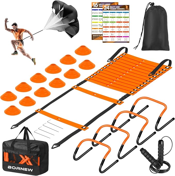Soccer Training Equipment, Agility Speed Training Set with 20ft Speed Ladder, 12 Cones, 4 Adjustable Hurdles, Jump Rope, Parachute | Ideal for Basketball, Football Practise, for Kids, Youth, Adults