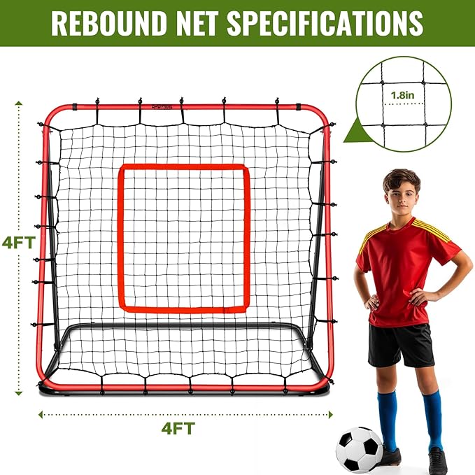 Soccer Rebounder Net & Soccer Training Equipment - 4x4 FT Adjustable Rebound Board for Precision Passing, Shooting, First Touch, and Ball Control Drills for Kids, Teens & Adults