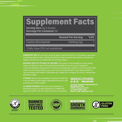 MusclePharm Creatine Monohydrate Powder, Pre Workout Muscle Builder & Post Workout Muscle Recovery Supplement, Ultra-Pure 100% Monohydrate Creatine Powder, 60 Servings, Unflavored
