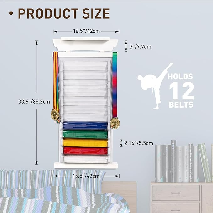 Tilhumt 12/10 Belts Karate Belt Display Rack with Stickers, Taekwondo Belt Display with Trophy/Photo Rack, Felt Dustproof Design, Easy to Put in Belt, Martial Arts Belt Display for Adults