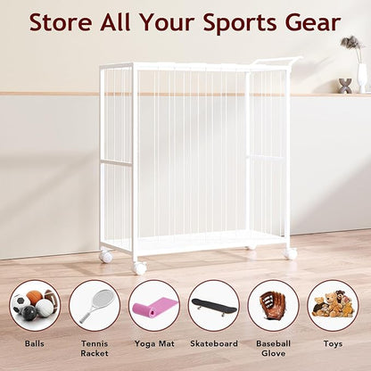 Ball Storage Bin Rolling Sports Ball Cart, Metal Garage Organizer Sport Rack, Ball Basket Storage, Ball Cage for Garage or Gym, Indoor & Outdoor Sports Equipment Organizer white