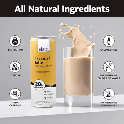 Slate Milk - High Protein Iced Coffee - Caramel Latte - 175mg Caffeine, Lactose Free Energy - 20g Protein, 1g Sugar, 100 Calories, 1g Net Carbs, No Sugar Added - Protein Coffee - 11 fl oz, 12 Cans