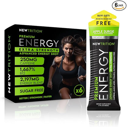 NewTrition® Extra Strength Energy Shots, 250mg Caffeine Energy Shots with Vitamin B & Amino Acids, Sugar-Free Vitamin Energy Shot, 1.7 fl oz (Pack of 6, Apple Surge)