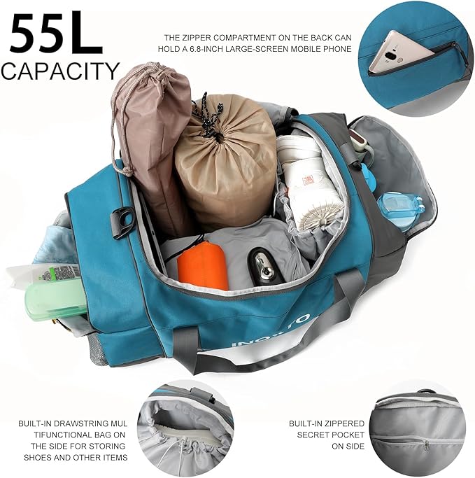 Sports Gym Bag，INOXTO Travel Duffel Bag with Dry Wet Pocket And Shoe CompartmentFor Women and Men，40L/55L Fitness Waterproof Weekender Bag For Swim Sports Travel Working Out (Blue White, 55L)
