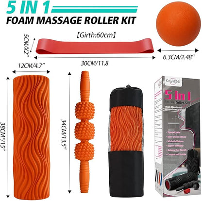 5-in-1 Foam Roller Set, Massage Roller Stick, Massage Ball, Resistance Band for Deep Muscle Massage, Trigger Point Release, Pilates, Yoga (Orange-Wave)