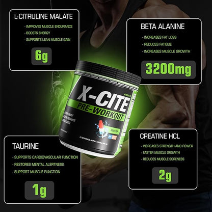 X-CITE Pre-Workout by ATHLEAN-X - Enhanced Formula with Beta-Alanine, Creatine & Caffeine for Ultimate Energy, Endurance, Focus & Muscle Pump, NSF Certified for Sports (22 Servings, Rocket Pop)