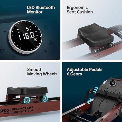 PASYOU Water Rowing Machines for Home Oak Wood Foldable Rower Machine 350LB Weight Capacity, 6 Levels Adjustable Row Machines with Monitor & Device Holder & 14L Tank, Bluetooth with Kinomap APP