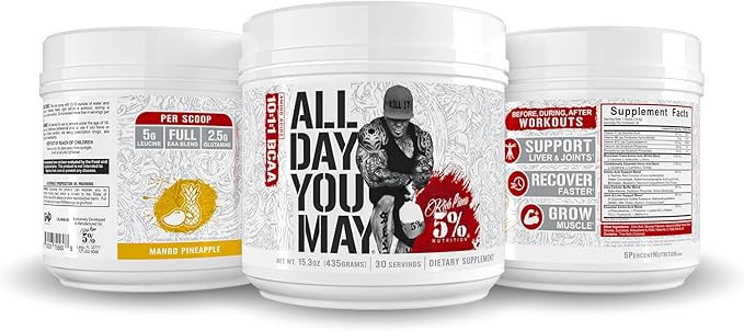 5% Nutrition Rich Piana AllDayYouMay BCAA Powder | Premium Intra & Post Workout Amino Acids, Hydration, Endurance, Muscle Recovery, Joint & Liver Support | 15.3 oz, 30 Servings (Mango Pineapple)