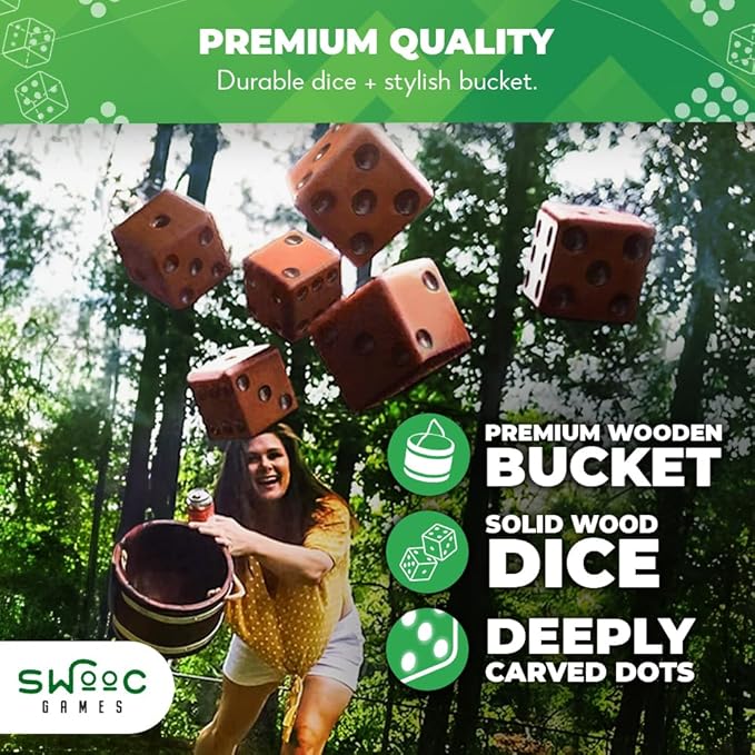 SWOOC Games - Yardzee, Farkle & 20+ Giant Dice Games (All Weather) Yard Dice with Wooden Bucket, 5 Scorecards & Marker - Jumbo Dice Yard Game - Extra Large Yard Games for Adults - Jumbo Lawn Games