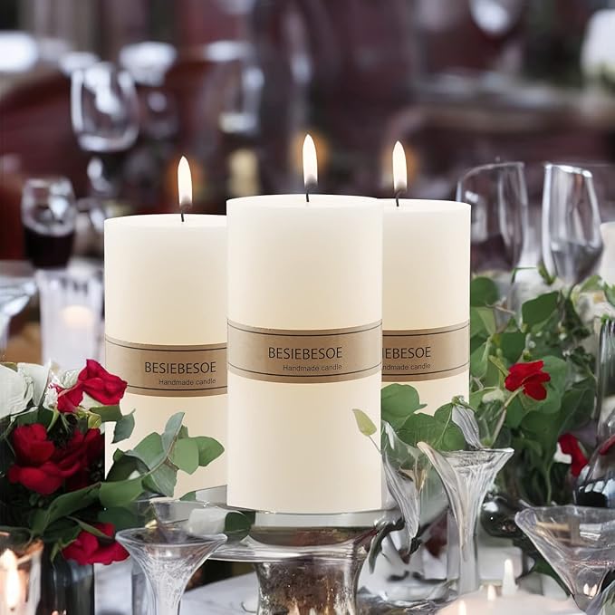 3 x 8 Ivory Pillar Candles Set of 6 Unscented Handpoured Weddings, Home Decoration, Restaurants, Spa, Church Smokeless Cotton Wick 360 Hour