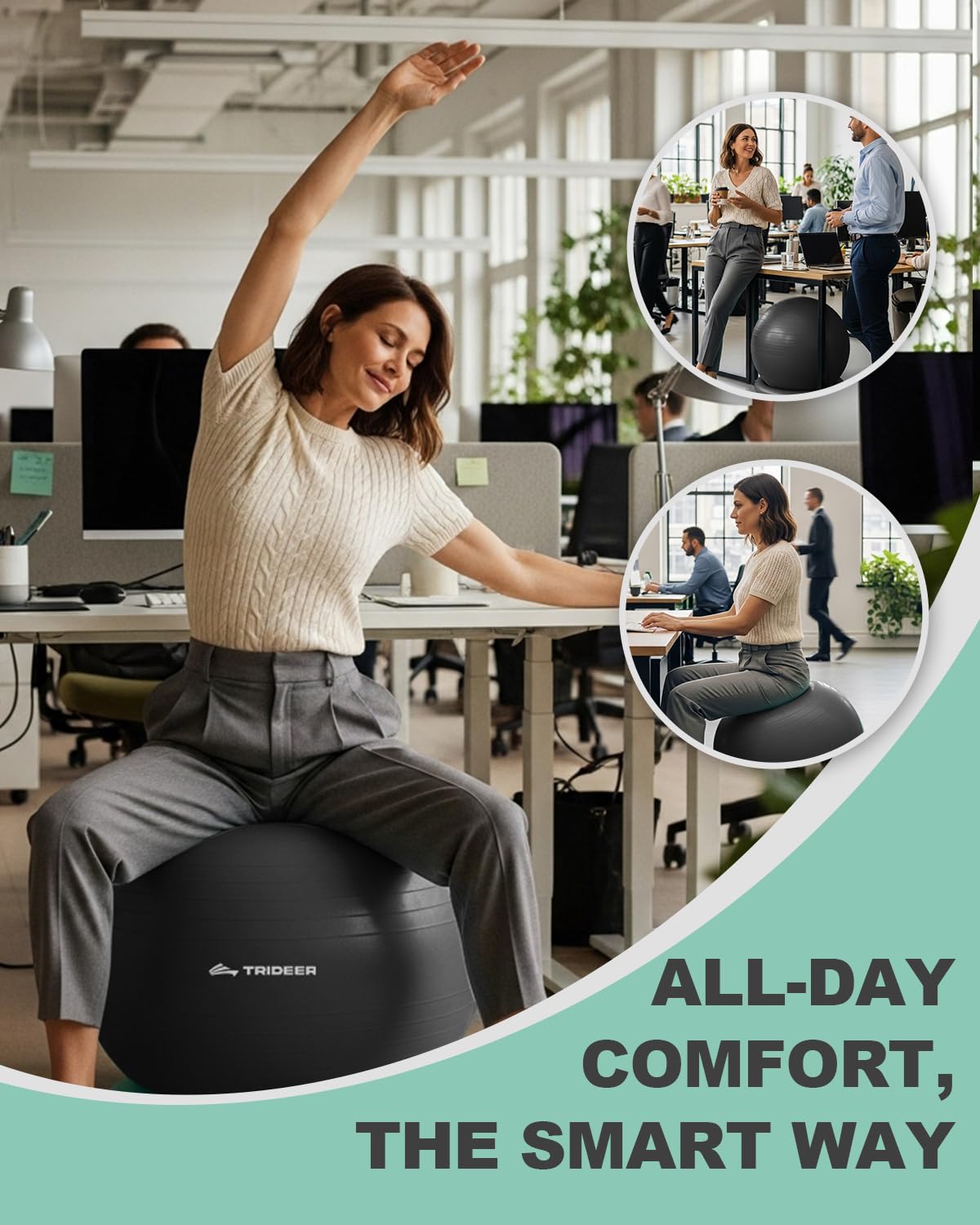 Trideer Yoga Ball Chair with Base for Office Desk, Exercise & Stability Ball Seat, Pilates Ball for