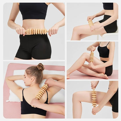 Wooden Cellulite Massage Roller for Legs and Thighs - Handheld Fascia Blaster Tool for Muscle Relief, Lymphatic Drainage & Body Sculpting - Anti Cellulite Massager for Women and Men (9 Wheel)