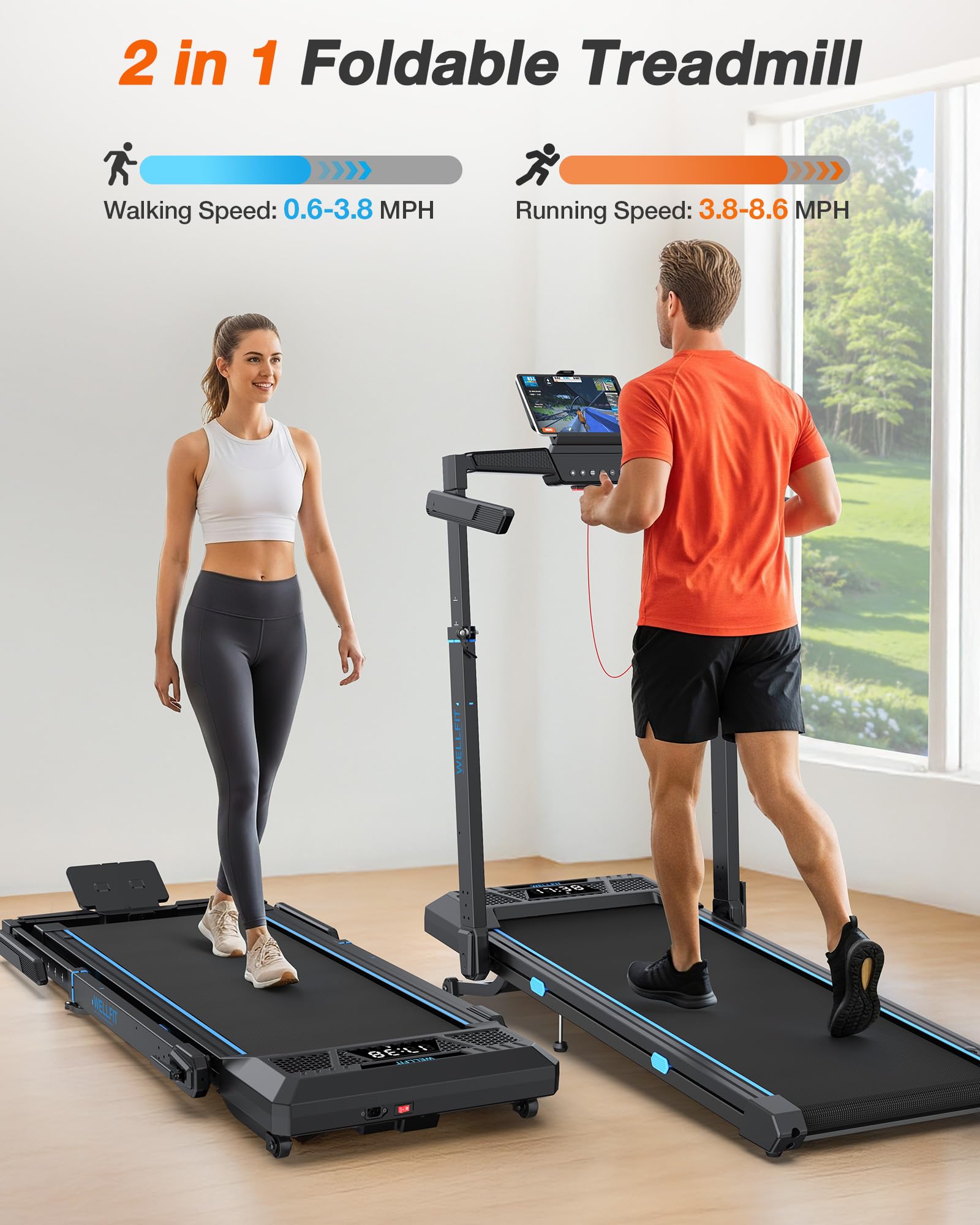 WELLFIT Foldable Treadmill with Auto Incline, 400+ LBS, Adjustable Height