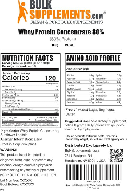 BulkSupplements.com Whey Protein Concentrate Powder - Whey Protein Powder Supplement, Unsweetened, Unflavored & Gluten Free, 30g per Serving, 100g (3.5 oz) (Pack of 1)