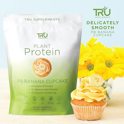 TRU Plant Based Protein Powder, BCAA, EAA, 20g Vegan Brown Rice & Pea Protein, 100 Calories, 27 Vitamins, No Artificial Flavors 25 Servings (Peanut Butter Banana Cupcake)