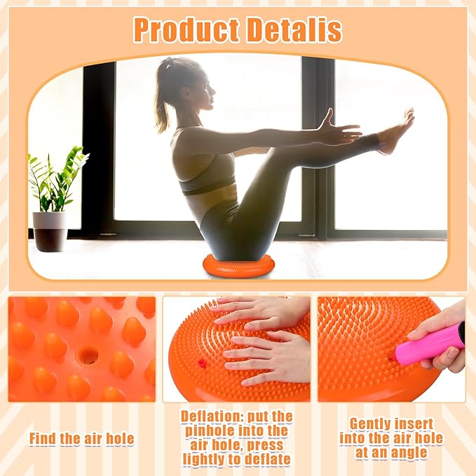 2 Pcs Wiggle Seat Inflated Wobble Cushion Flexible Balance Disc with Air Pump for Core Stability Strengthening Improving Posture Physical Exercise