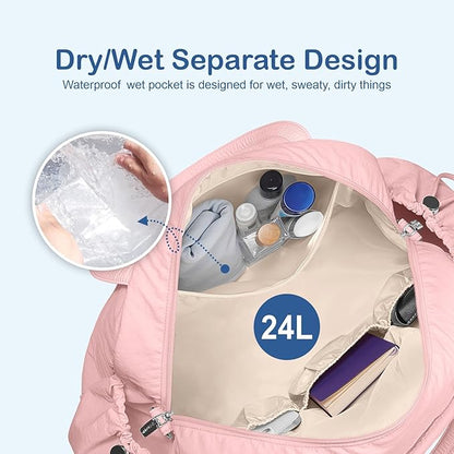 TOPDesign Travel Duffel Bag for Women, Puffer Gym Bag Sports Tote with Wet Pocket, Carry On Weekender with Luggage Sleeve (Baby Pink)