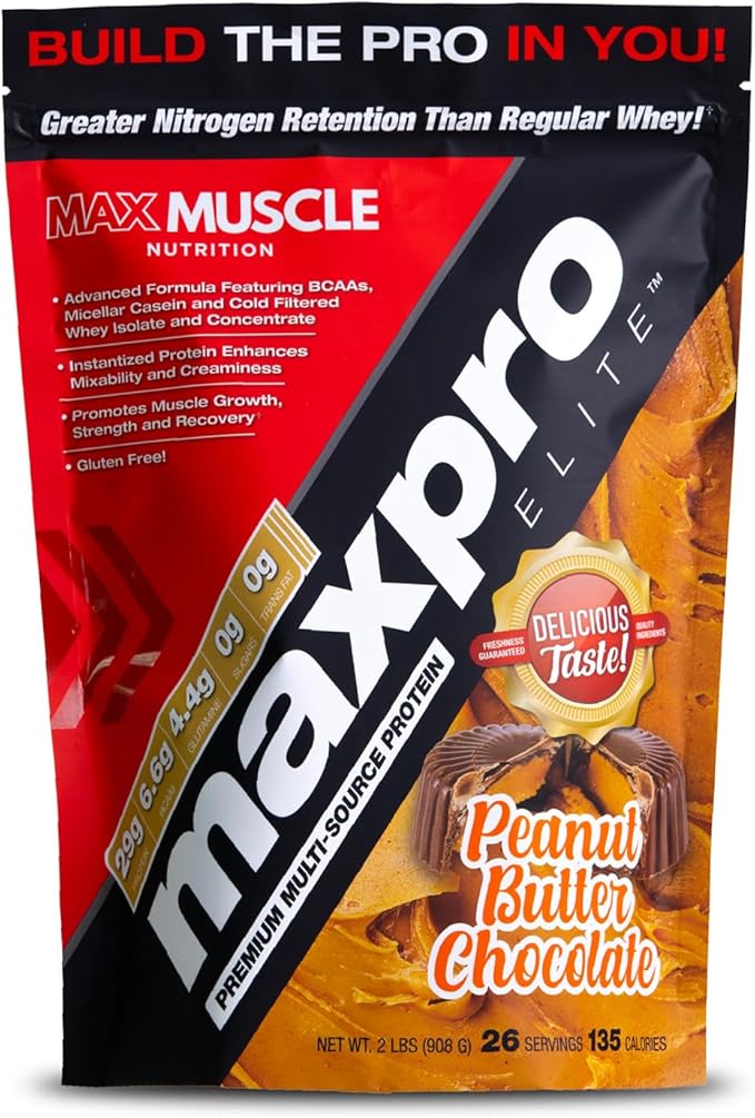 Max Muscle Maxpro Elite Whey Protein Powder | 30g Protein | 0g Sugar | 6.6g BCAAs | Micellar Casein Cold Filtered Whey Isolate Protein | Promotes Muscle Growth & Recovery (PB Chocolate, 2lb)