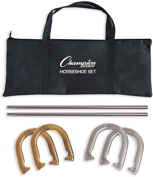 Champion Sports Horseshoe Set: Traditional Outdoor Lawn Game includes Four Professional Solid Steel