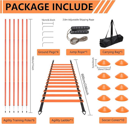 Soccer Agility Poles Set with Agility Ladder Soccer Cones Jump Rope Adjustable Detachable Soccer Agility Training Equipment for Speed Training