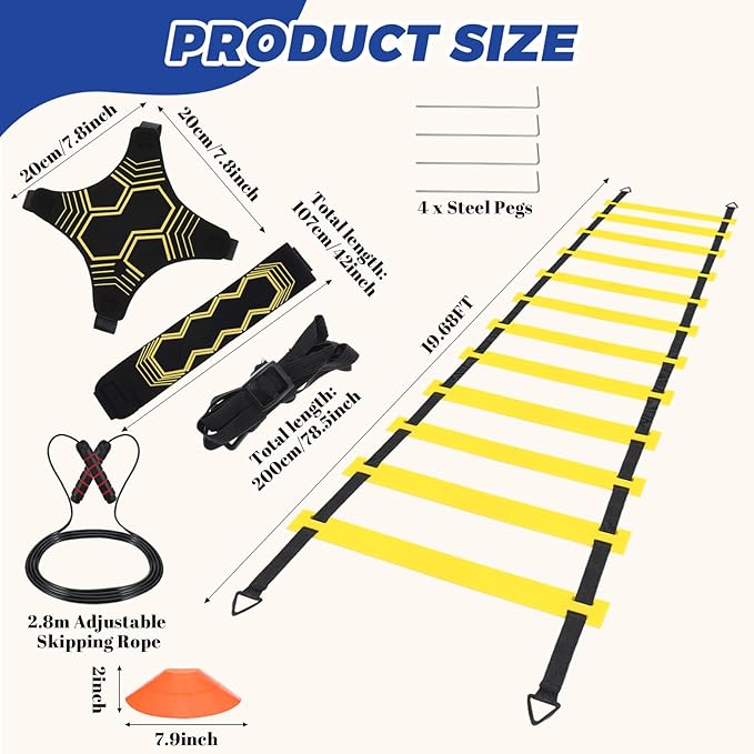 Soccer Agility Training Equipment Set, 12 Rung 20Ft Agility Ladder, 12 Disc Cones, 4 Steel Stakes, Solo Soccer Trainer, Jump Rope - Speed Training Equipment for Soccer Football Basketball