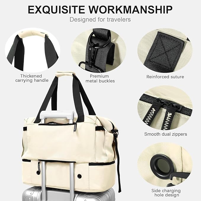 Gym Bag for Men Women, Tactical Travel Duffel bag with Removable Dividers & Shoe Compartment, Weekender Carry on Bag with Toiletry Bag, Overnight Range Bag for Workout Soccer Yoga Gym (White)