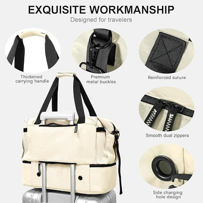 Gym Bag for Men Women, Tactical Travel Duffel bag with Removable Dividers & Shoe Compartment, Weekender Carry on Bag with Toiletry Bag, Overnight Range Bag for Workout Soccer Yoga Gym (White)