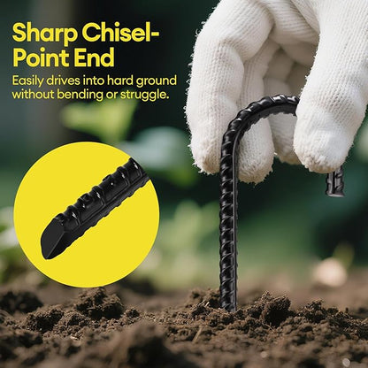12 Inch Rebar Stakes Heavy Duty 10 Pack, J Hook Ground Stakes, Galvanized Steel Trampoline Stakes, Tent Anchor Kit Anti-Rust, Drip Hose Wind Stakes, Black