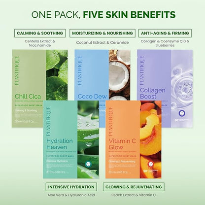 PLANTIFIQUE Superfood Facial Sheet Mask Variety Box 10 Pack ??2x Coconut, Aloe, Vitamin C, Centella & Collagen Face Masks ??Hydrating & Glow-Enhancing ??For All Skin Types