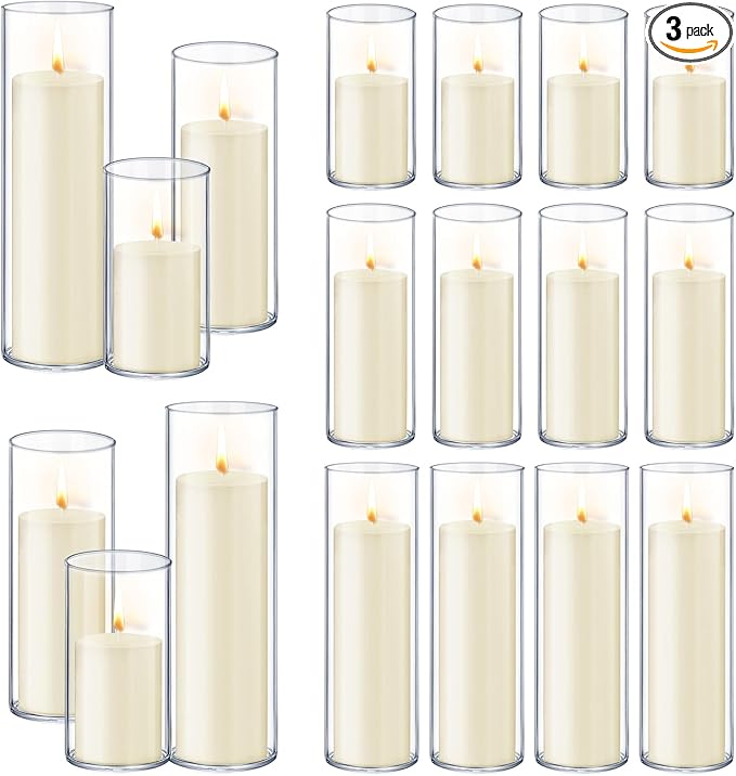 36 PCS Ivory White Pillar Candles with Glass Candle Holders Clear Hurricane Candle Holders Glass Cylinder Vases for Centerpieces Wedding Party, Event, Home Office (18 Candles+18 Candle Hoders)